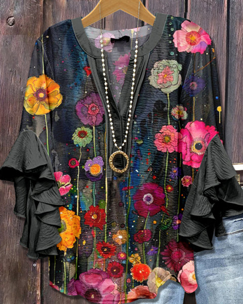 Printed-Combo V-Neck Blouse