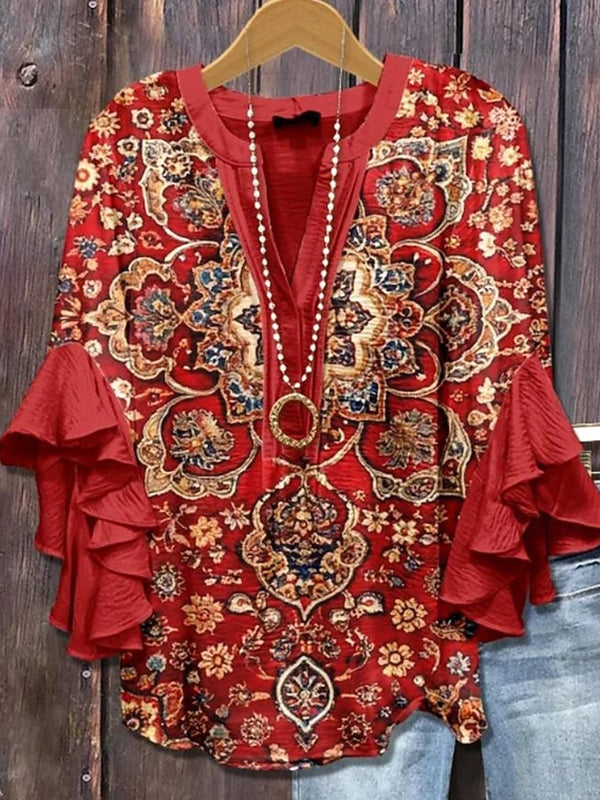 Printed-Combo V-Neck Blouse