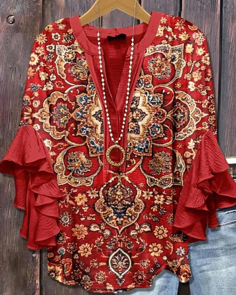 Printed-Combo V-Neck Blouse