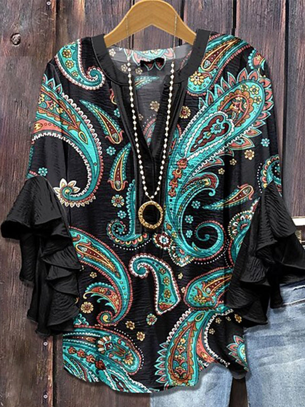 Printed-Combo V-Neck Blouse