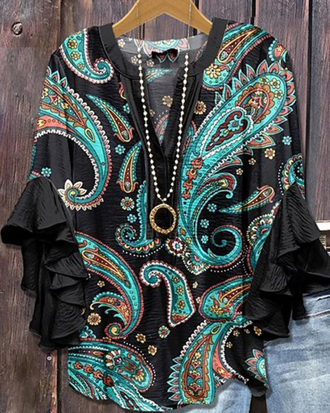 Printed-Combo V-Neck Blouse