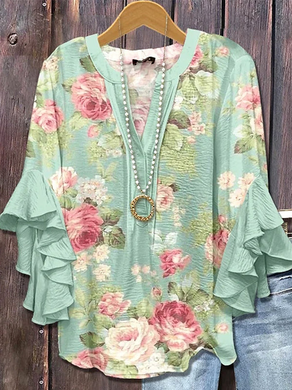 Printed-Combo V-Neck Blouse