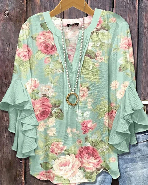 Printed-Combo V-Neck Blouse