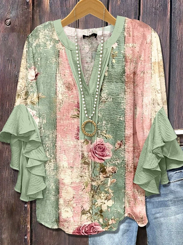 Printed-Combo V-Neck Blouse
