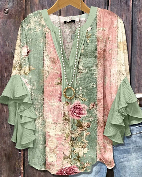 Printed-Combo V-Neck Blouse