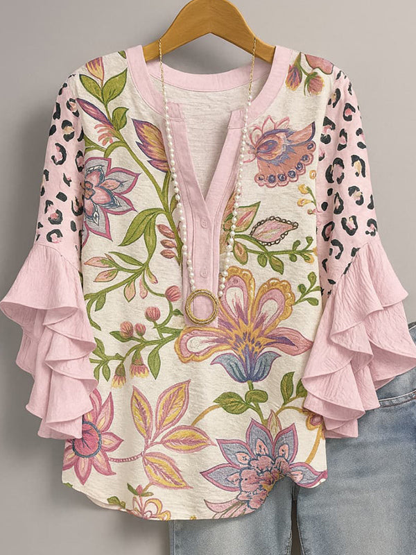 Printed-Combo V-Neck Blouse