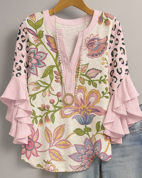 Printed-Combo V-Neck Blouse